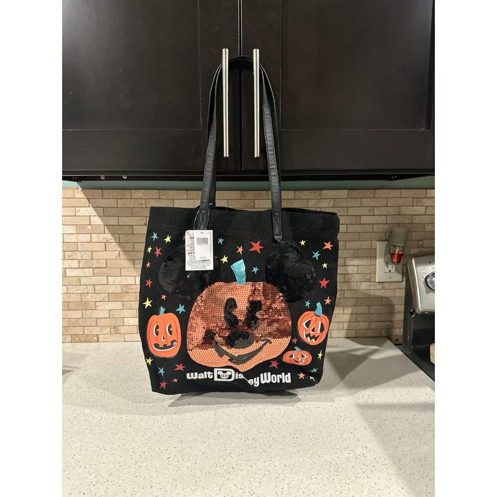 Walt Disney World 2020 Halloween Mickey Mouse Pumpkin Sequin Black Tote Bag- NEW